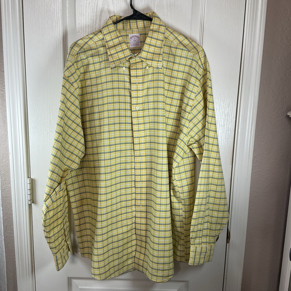 Brooks Brothers 346 Men's XL Button Down Shirt Yellow Blue Plaid 100% Cotton